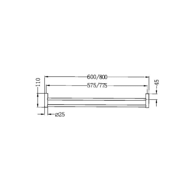 Technical Drawing Nero New Mecca Double Towel Rail 800mm Brushed Bronze NR2330DBZ - The Blue Space