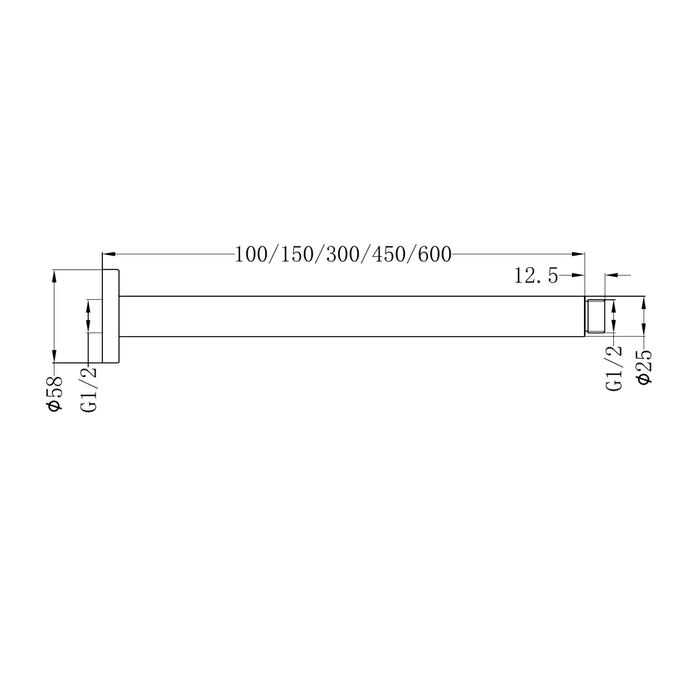 Technical Drawing Nero Round Ceiling Arm 150mm Length Brushed Bronze NR503150BZ - The Blue Space