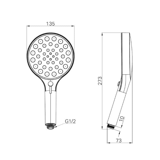 Technical Drawing Nero Serenity Hand Shower Brushed Gold 24D003BG - The Blue Space