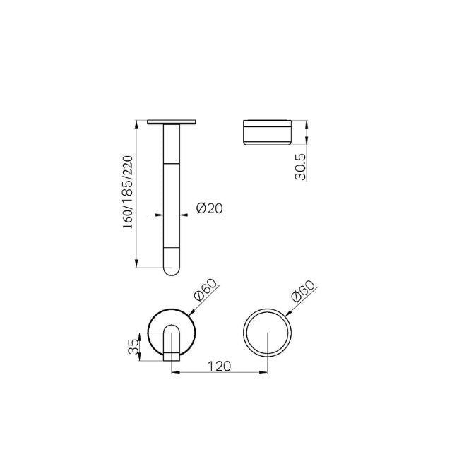 Technical Drawing Nero Serenity Progressive Wall Basin Mixer 220mm Spout With Marquina Black Handle Trim Kit Only Chrome 24E127CH - The Blue Space