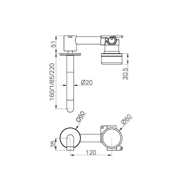 Technical Drawing Nero Serenity Progressive Wall Basin Mixer 220mm Spout With Metal Handle Chrome 24E078CH - The Blue Space