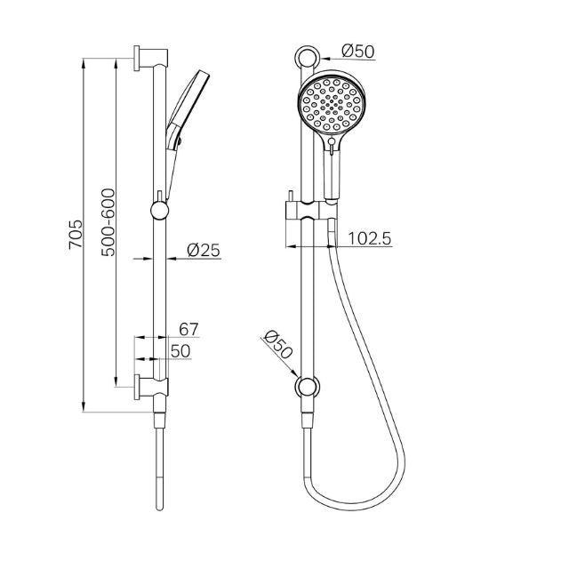 Technical Drawing Nero Serenity Rail Shower Chrome 24D072CH - The Blue Space