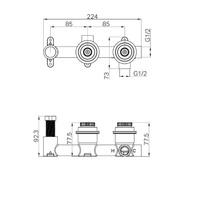 Technical Drawing Nero Serenity Shower System Body Only 24C024 - The Blue Space