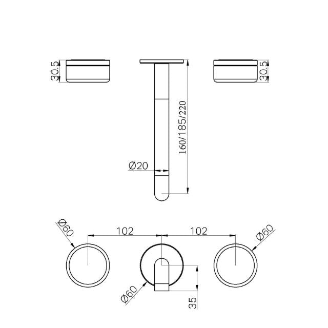 Technical Drawing Nero Serenity Wall Basin Set 185mm Spout With Marquina Black Handle Trim Kit Only Brushed Nickel 24D111BN - The Blue Space