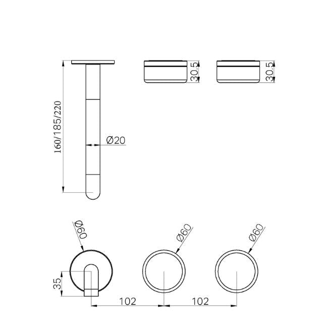 Technical Drawing Nero Serenity Wall Basin Set 220mm Offset spout With Metal Handle Trim Kit Only Brushed Bronze 24D109BZ - The Blue Space