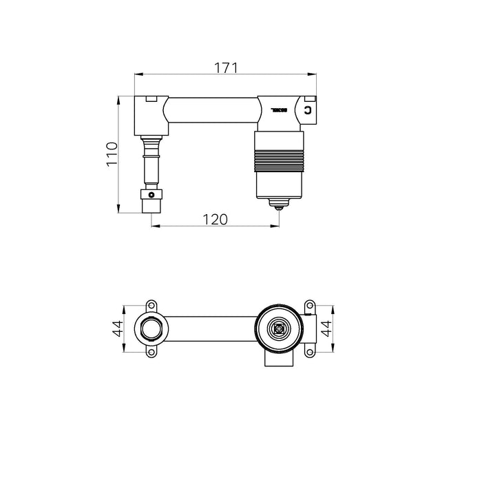 Technical Drawing Nero SS316L Progressive Universal Wall Basin/Bath Mixer Body Only NRUB007 - The Blue Space
