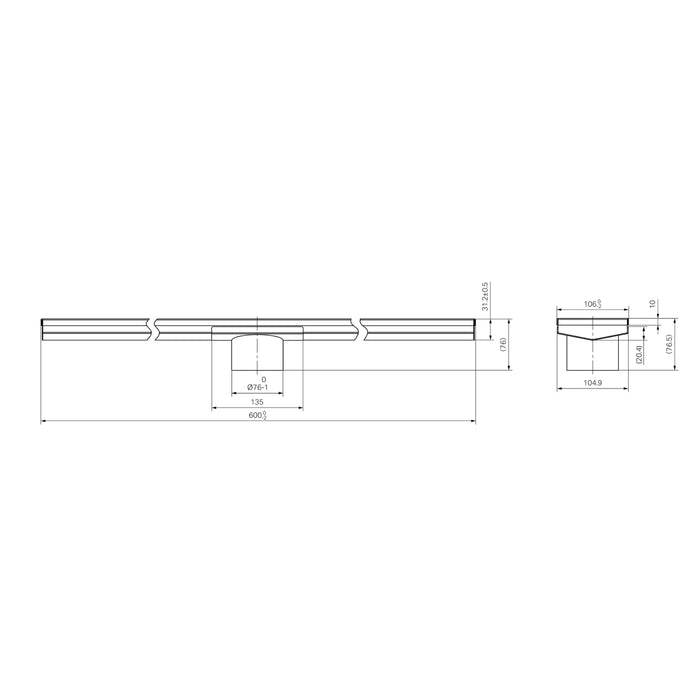 Technical Drawing Nero Tile Insert V Channel 600x106mm Floor Grate 80mm Outlet Matte Black NRFG008HSMB_KIT - The Blue Space