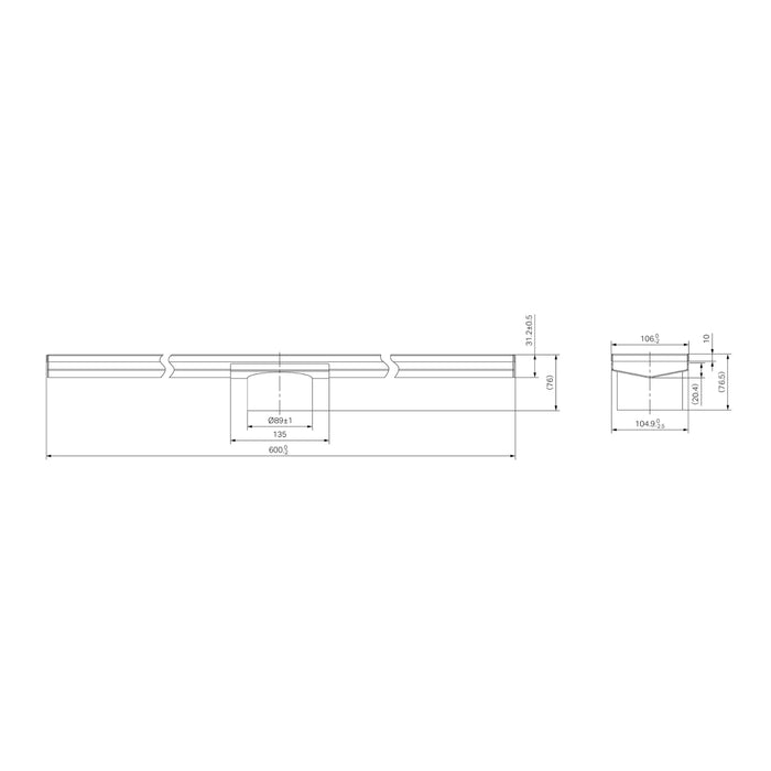 Technical Drawing Nero Tile Insert V Channel 600x106mm Floor Grate 90mm Outlet Matte Black NRFG004HSMB_KIT - The Blue Space