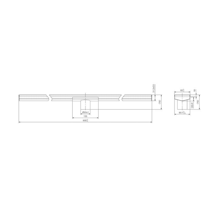 Technical Drawing Nero Tile Insert V Channel 600x82mm Floor Grate 50mm Outlet Brushed Nickel NRFG006HSBN_KIT - The Blue Space