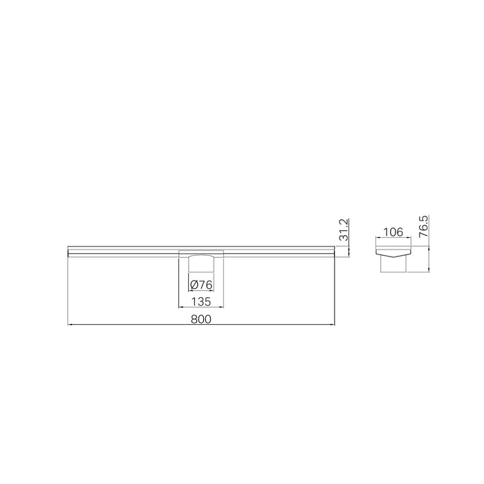 Technical Drawing Nero Tile Insert V Channel 800x106mm Floor Grate 90mm Outlet Brushed Nickel NRFG010HSBN - The Blue Space