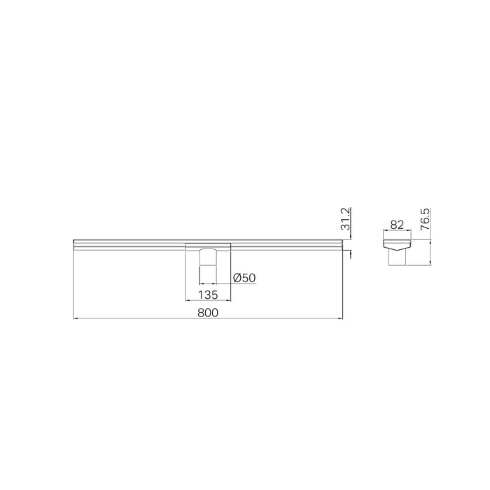 Technical Drawing Nero Tile Insert V Channel 800x82mm Floor Grate 50mm Outlet Brushed Nickel NRFG011HSBN - The Blue Space