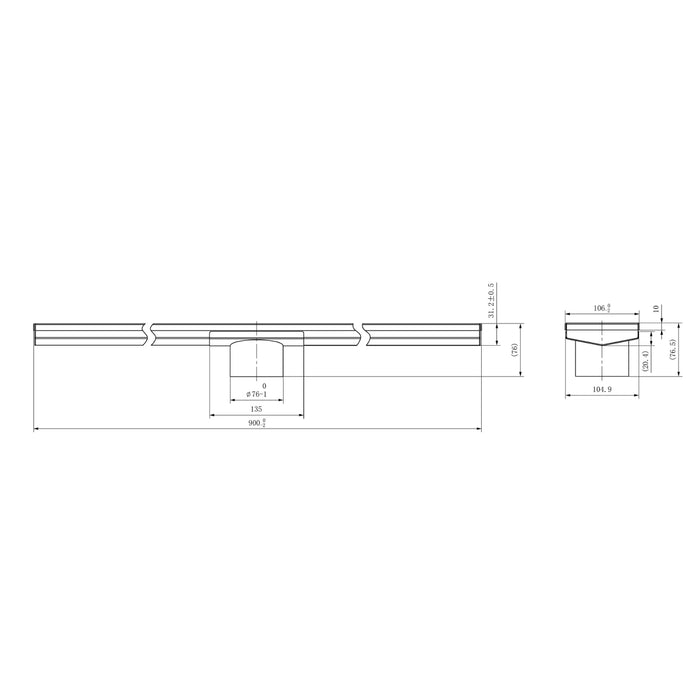 Technical Drawing Nero Tile Insert V Channel 900x106mm Floor Grate 80mm Outlet Brushed Nickel NRFG003HSBN - The Blue Space