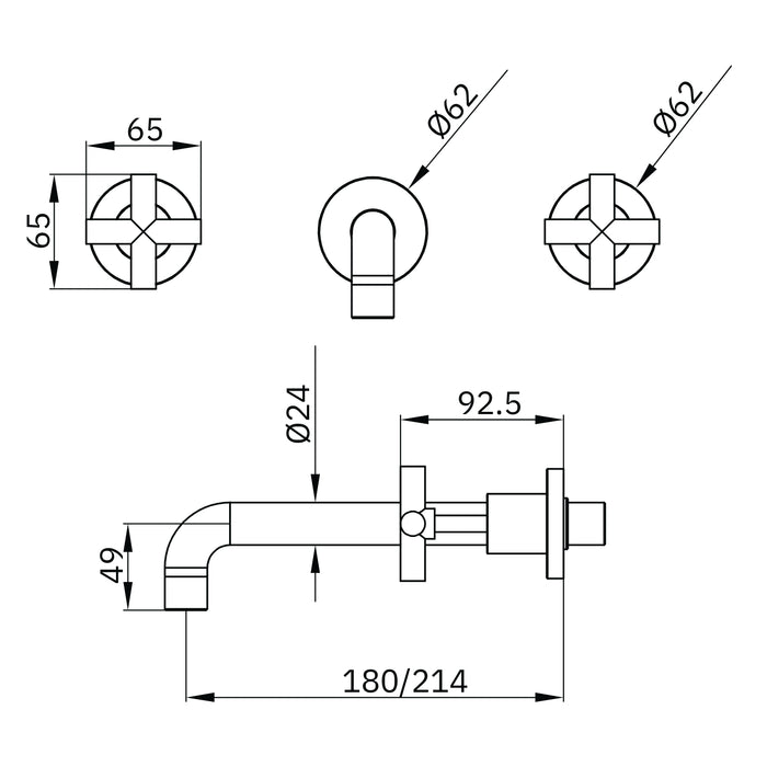 Technical Drawing Nero X Plus Wall Basin Set 180mm Brushed Nickel NR201607BBN - The Blue Space