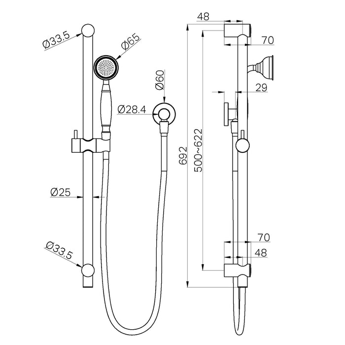 Technical Drawing Nero York Shower Rail With Metal Hand Shower Matte Black NR692105A02MB - The Blue Space