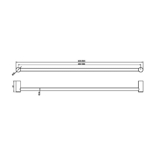 Technical Drawing Nero Zen SS316L Single Towel Rail 800mm Brushed Nickel NR1630BN - The Blue Space