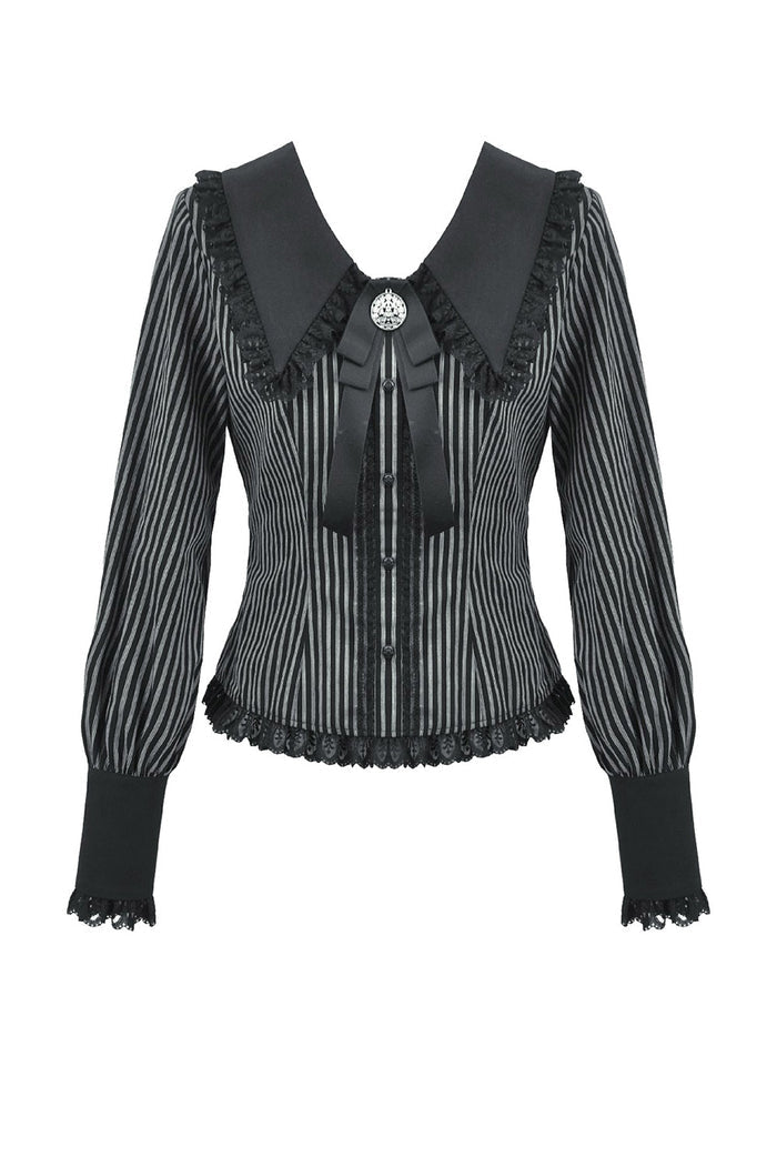 gothic woman wearing a long sleeves womens striped blouse with puffed sleeves and lace