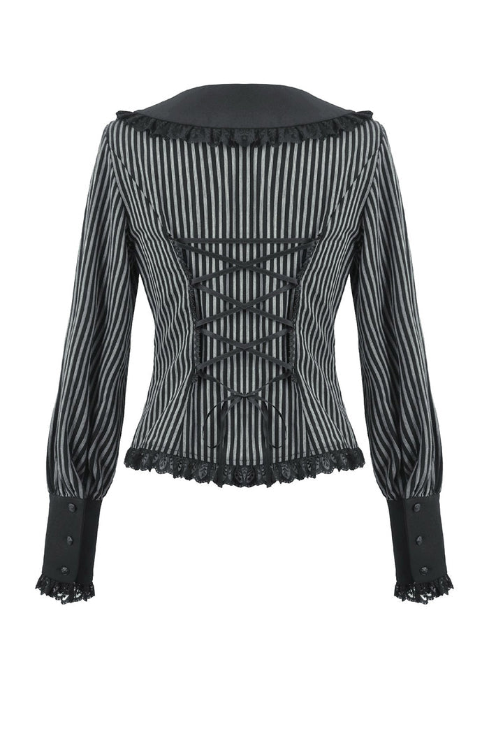 gothic woman wearing a long sleeves womens striped blouse with puffed sleeves and ribbon tie