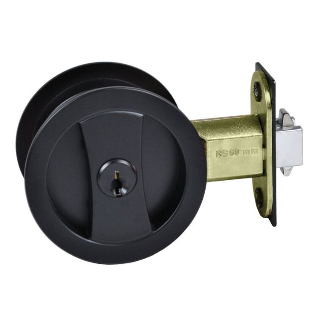 Nidus Lockable Sliding Cavity Door Round Backplate Entrance Set Include End Pull Matte Black  CSC-LK-RD-BL-V - The Blue Space
