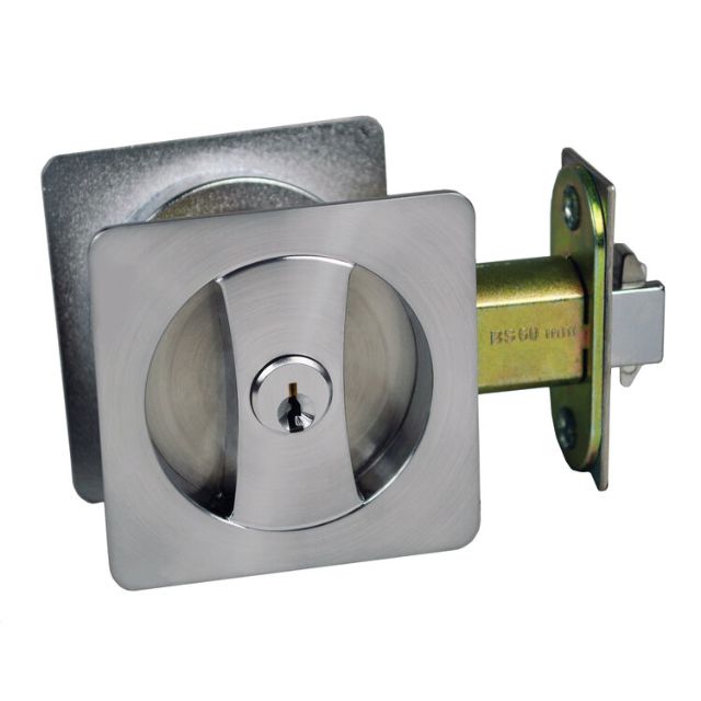 Nidus Lockable Sliding Cavity Door Square Backplate Entrance Set Include End Pull Satin Chrome CSC-LK-SQ-SC-V - The Blue Space