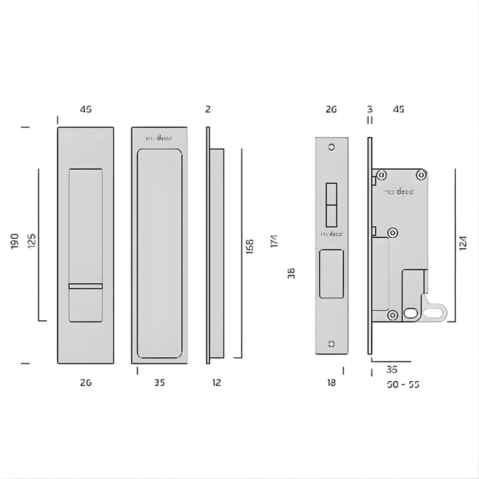 Technical Drawing Nidus Mardeco Cavity Sliding Door Privacy Set Polished Chrome MSC-8004-SET-CP - The Blue Space