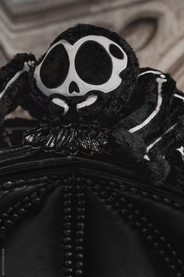 fuzzy black and white embroidered gothic skeleton black widow spider studded animal toy
