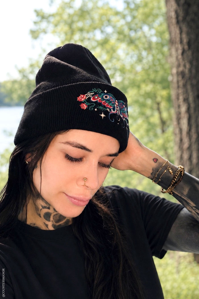 vampirefreaks knitted beanie cap with cute colorful witchy luna moth