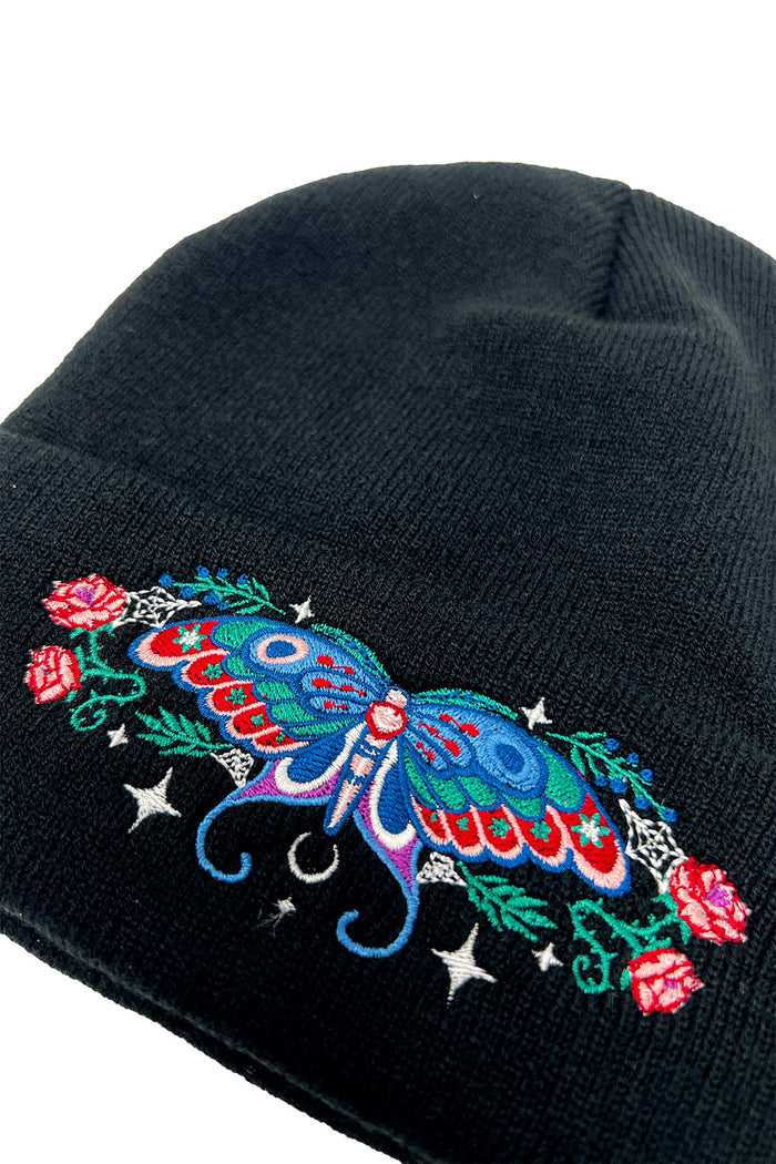 whimsigoth dark cottagecore fairytale embroidered luna moth beanie made of knitted acrylic