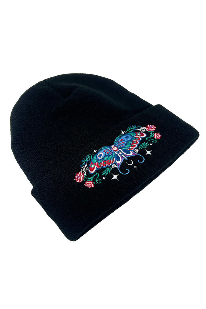 knitted dark cottagecore embroidered luna moth beanie  with stars and spiderwebs