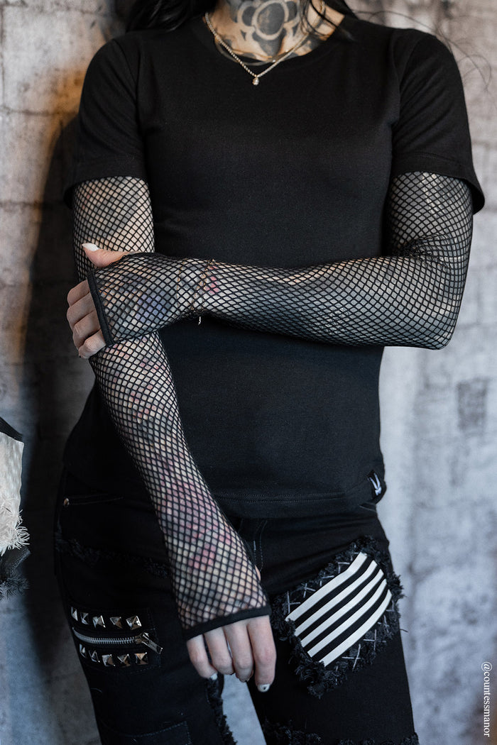 layered long sleeve black tshirt with attached fishnet sleeves for goth women