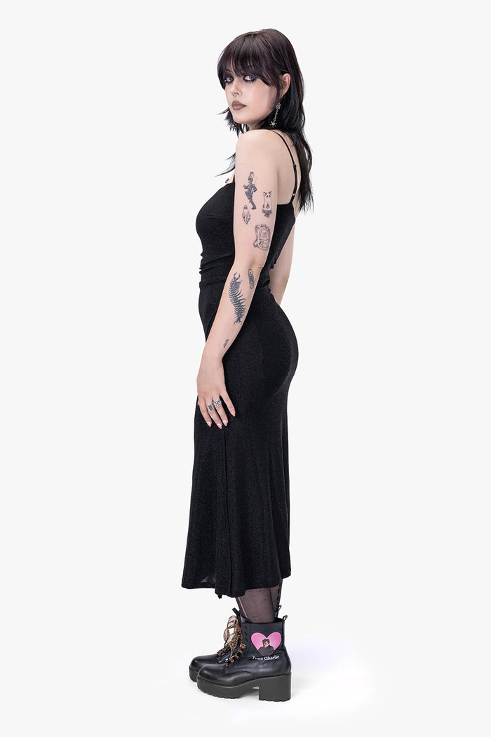 black glittery fabric leg slit dress by wicked misfit