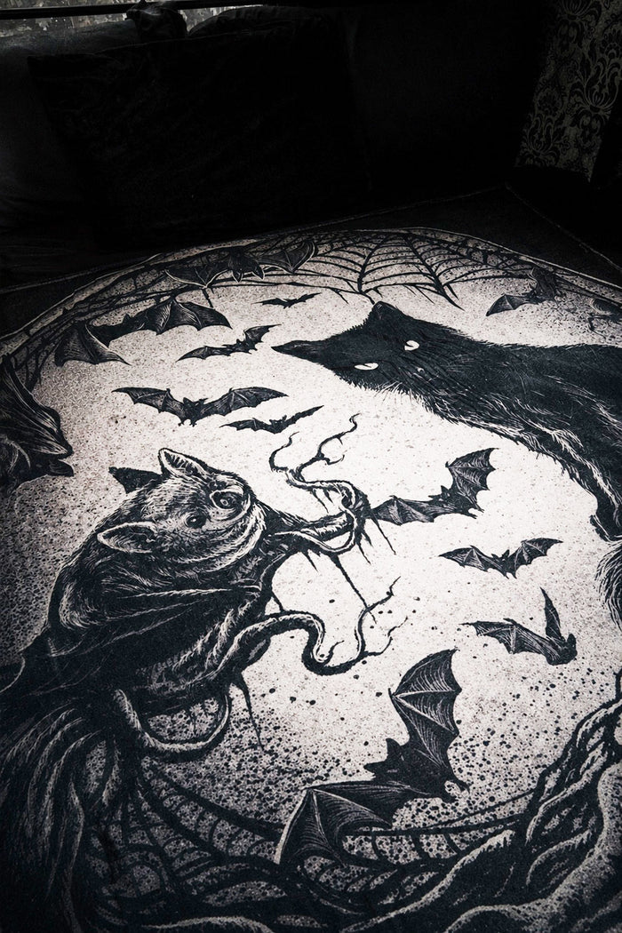 soft and comfy decorative gothic cat and bat throw blanket
