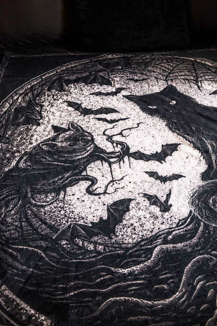 gothic spooky halloween bat and cat blanket