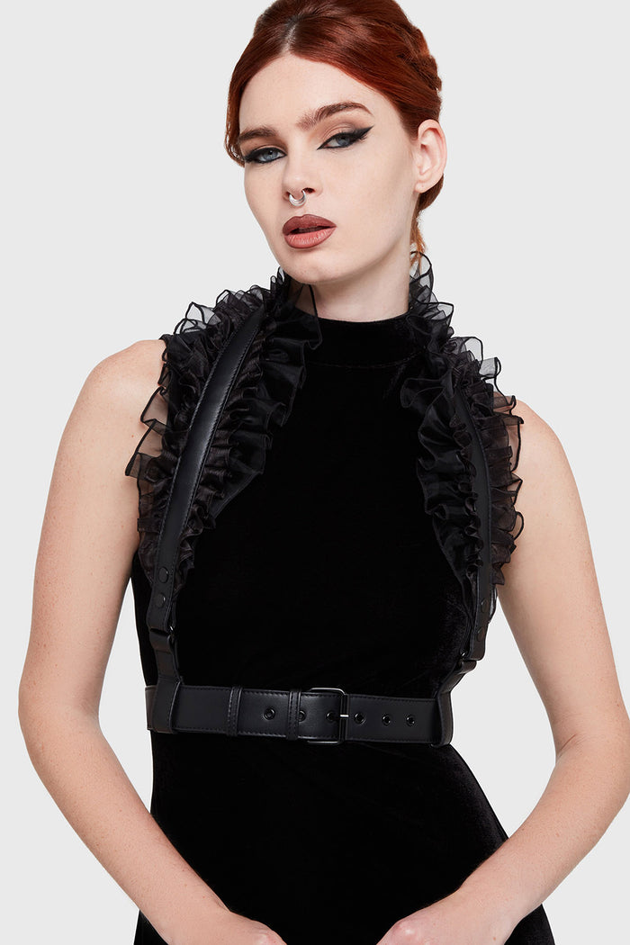 gothic ruffled black leather harness by killstar