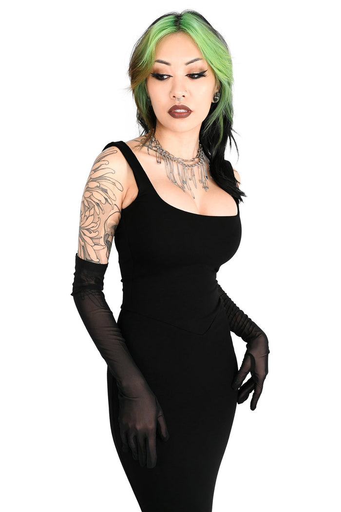 square neckline long maxi black dress