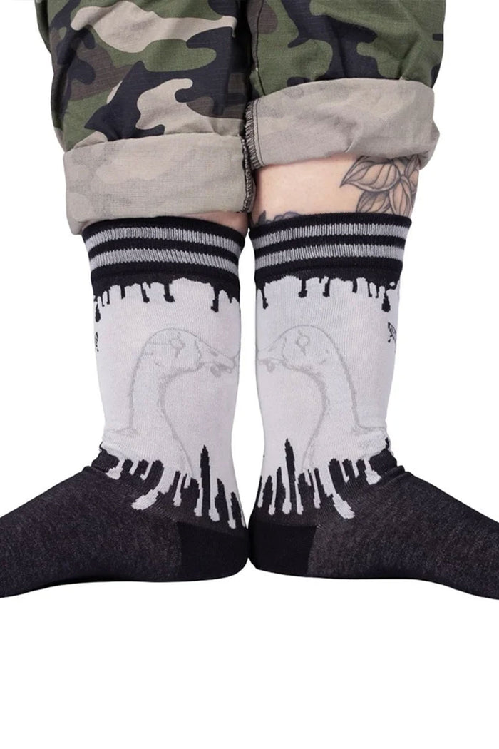 punk goose with knife crew socks in black and gray
