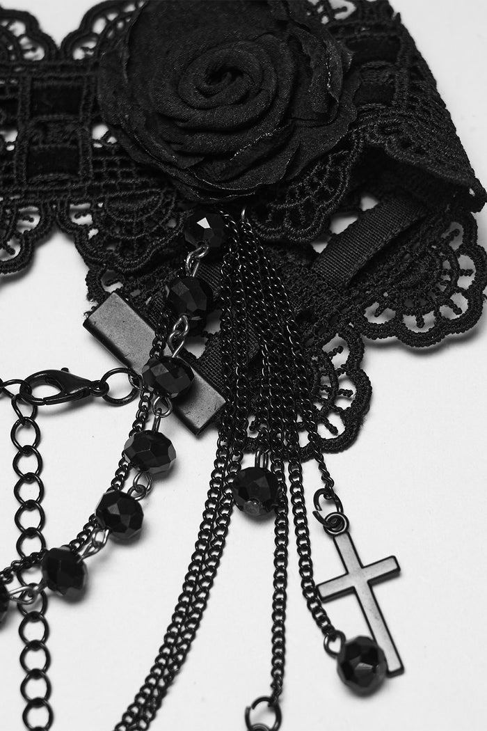 beaded black applique rose lace choker necklace