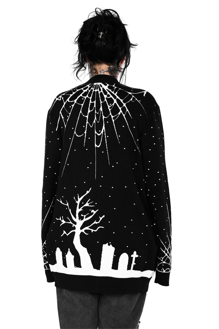 black goth knitted halloween graveyard scene cardigan sweater