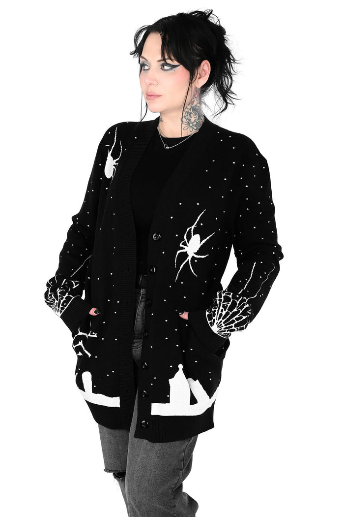 button up knitted halloween graveyard scene cardigan sweater