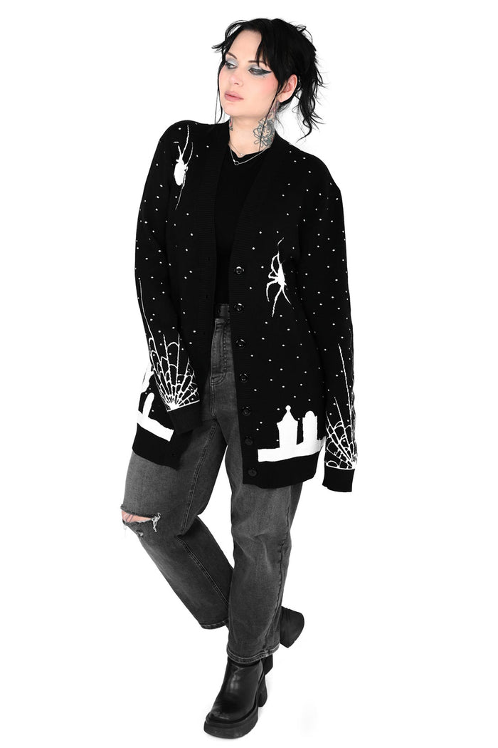 novelty whimsigoth knitted halloween graveyard scene cardigan sweater