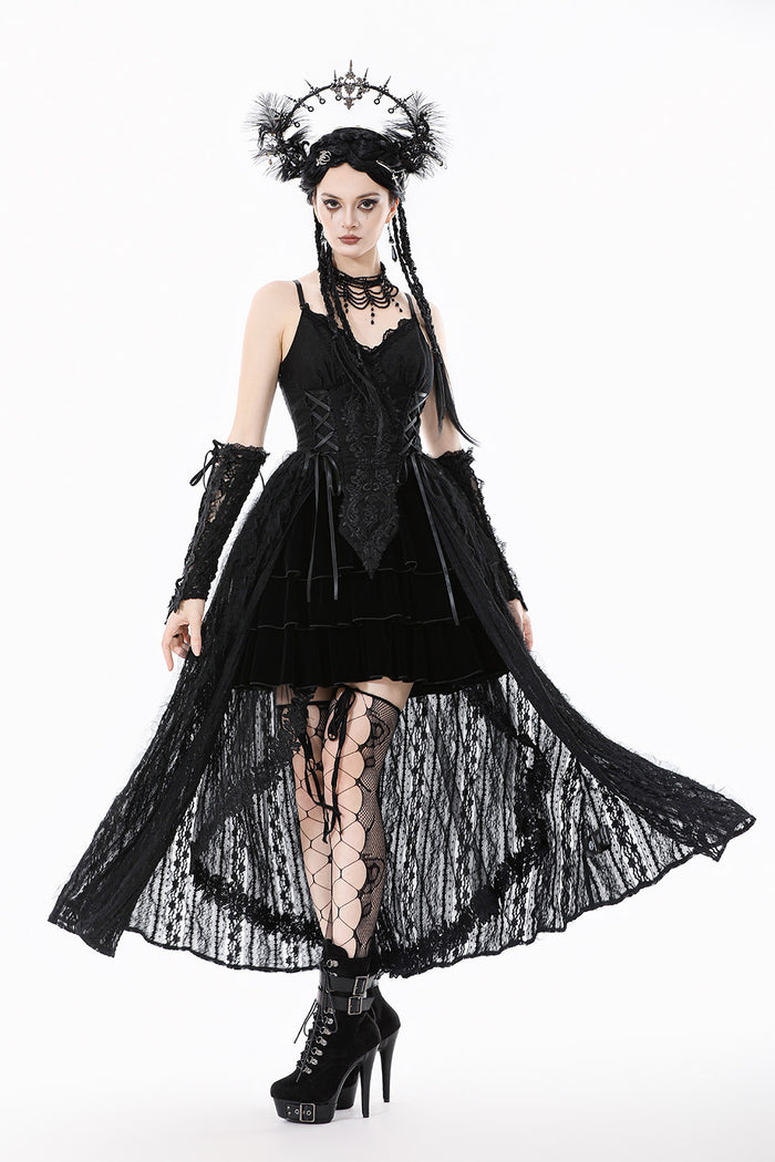 spaghetti strap  long black corset princess dress with a long black lace skirt