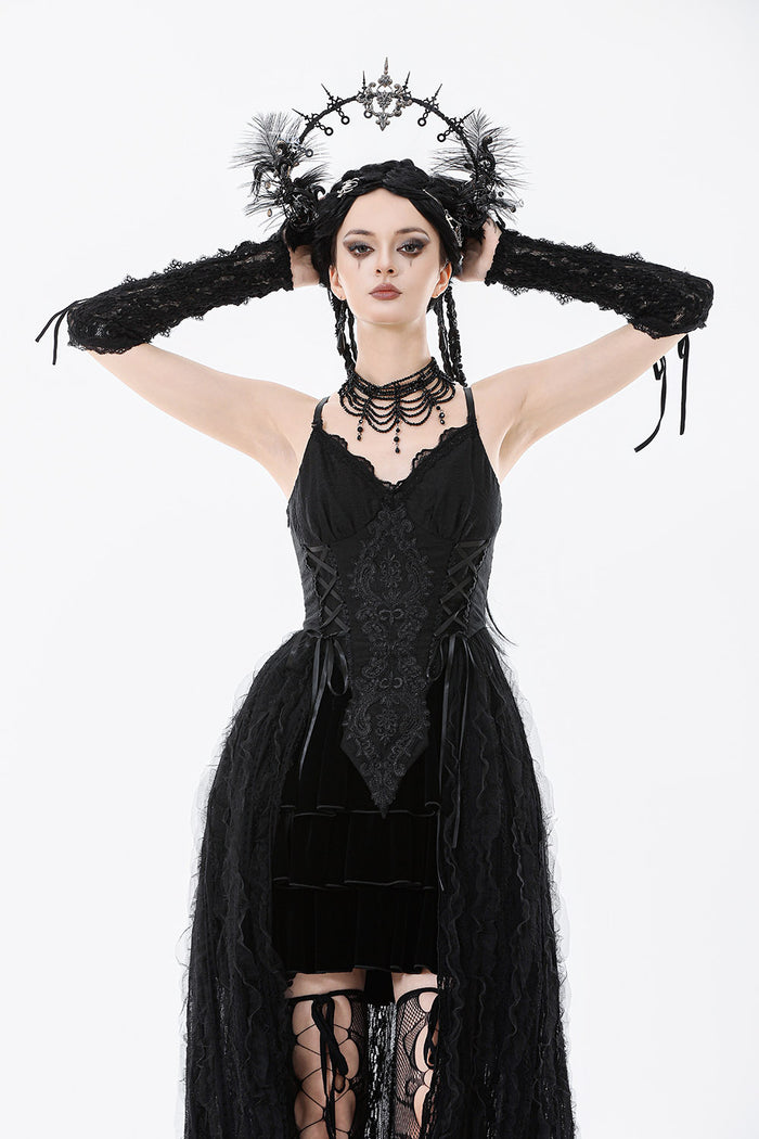 dark fantasy  long black corset princess dress with a long black lace skirt