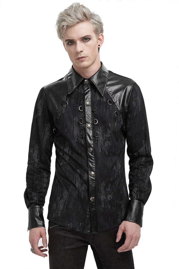 button down vegan leather mens top  with chains