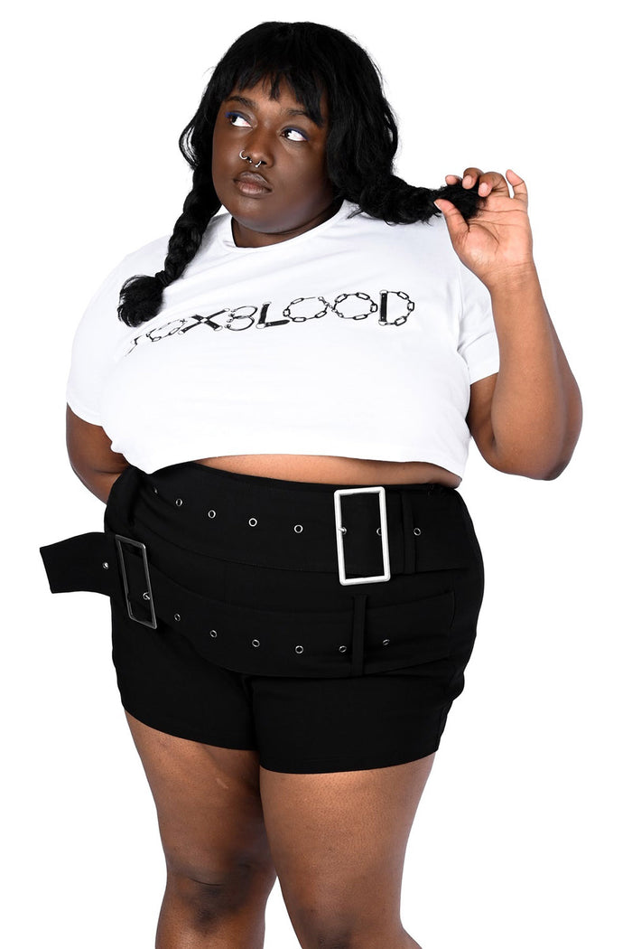 black short shorts with attached belt