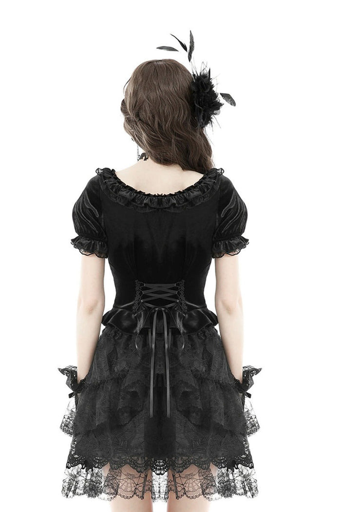 dark academia puff shoulder lace-up velvet crop top