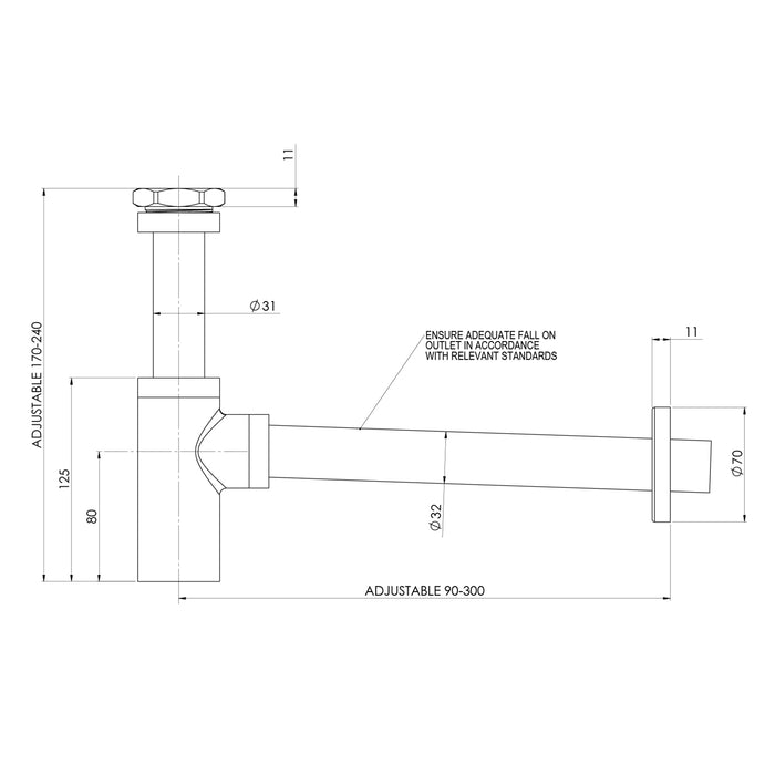 Technical Drawing Phoenix 40mm Bottle Trap - Brushed Bronze 800-8950-24 - The Blue Space