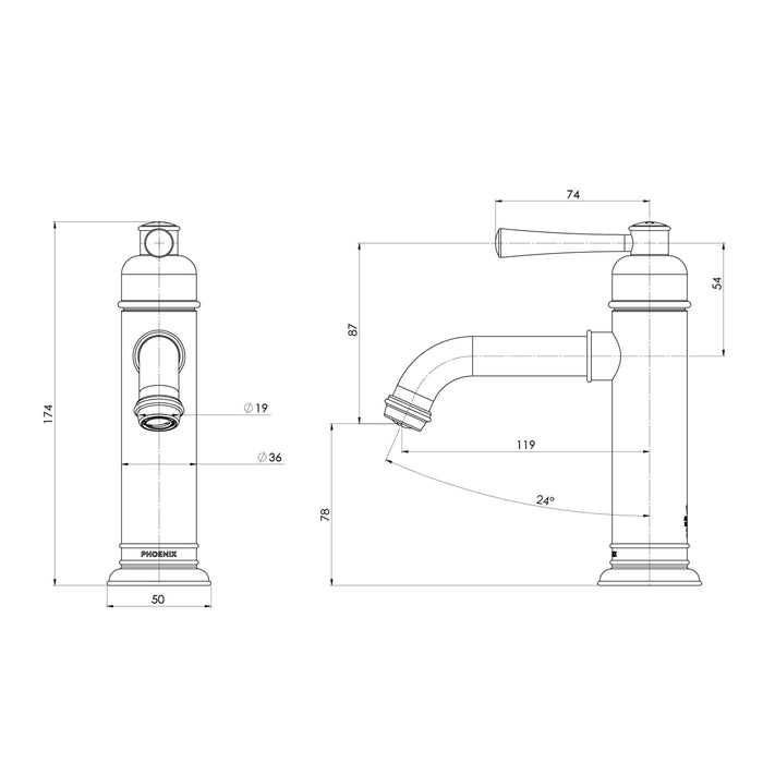Technical Drawing Phoenix Cromford Basin Mixer - Brushed Bronze 134-7700-24-1 - The Blue Space