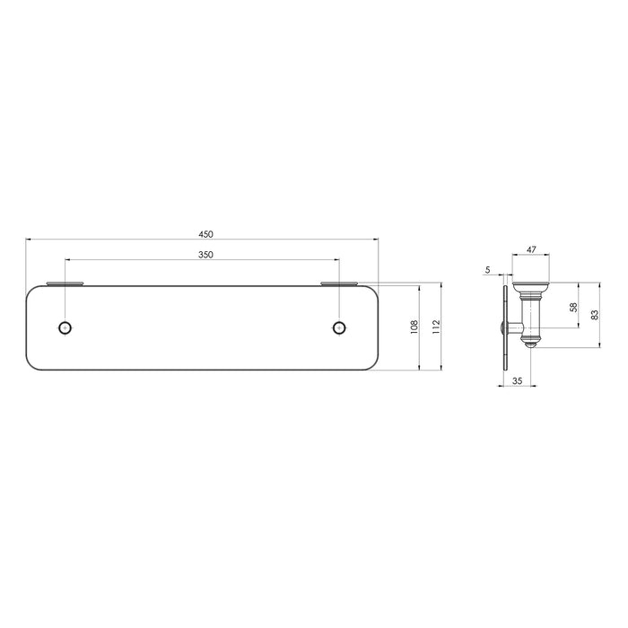 Technical Drawing Phoenix Cromford Glass Shelf 450mm - Brushed Bronze 134-8600-24 - The Blue Space
