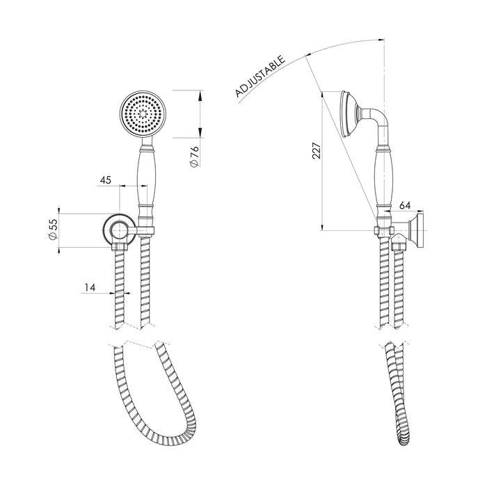 Technical Drawing Phoenix Cromford Hand Shower - Brushed Bronze 134-6610-24 - The Blue Space