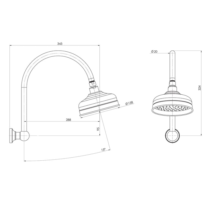 Technical Drawing Phoenix Cromford High Rise Shower Arm Rose - Brushed Bronze 134-5300-24 - The Blue Space