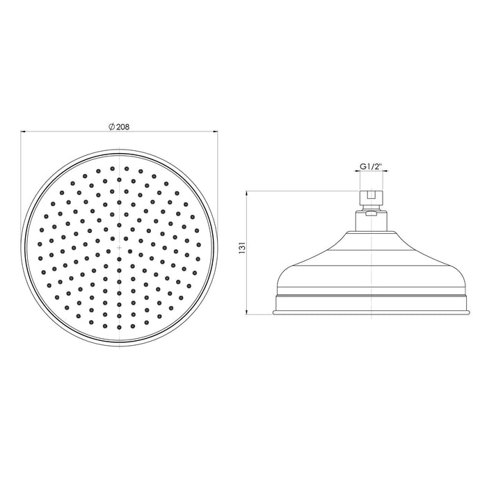 Technical Drawing Phoenix Cromford Shower Rose 210mm - Brushed Bronze 134-5002-24 - The Blue Space